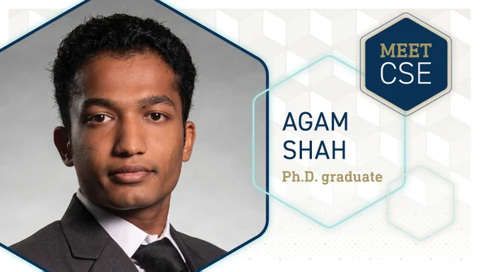 Photo illustration of Agam Shah, who graduates from Georgia Tech with a Ph.D. in machine learning on May 7, 2026