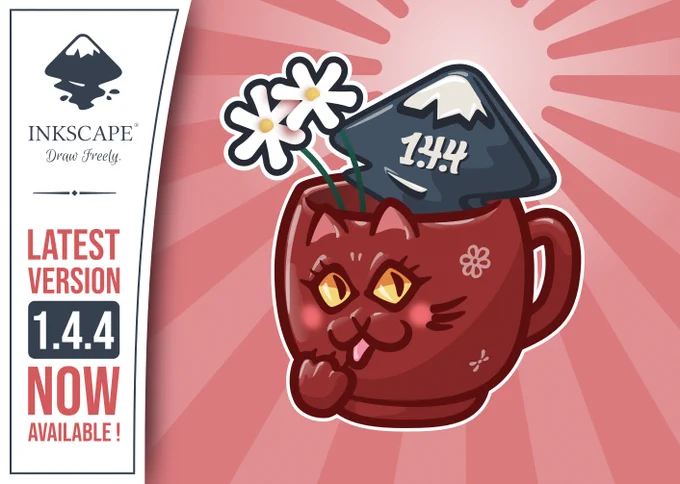 A pink/red mug shaped like a cute and a bit mischievous cat, viewed from the side. Some flowers and the Inkscape logo (1.4.4 text within) peek out from inside the mug