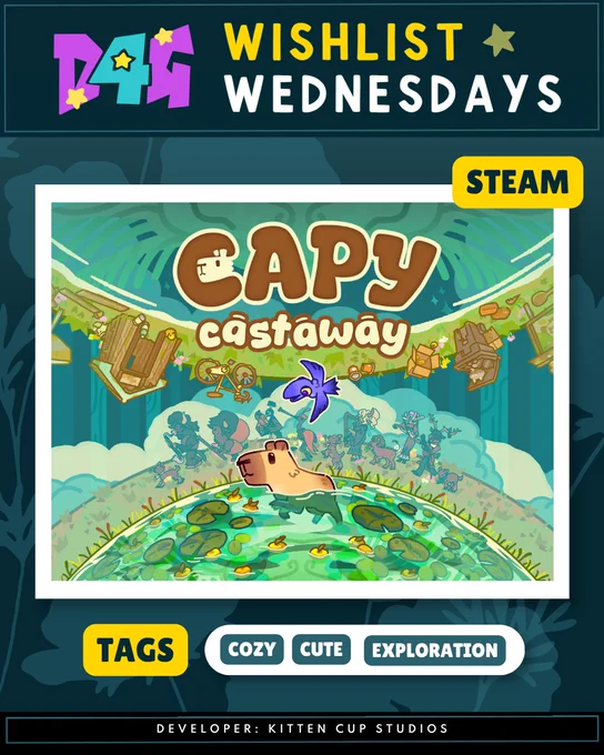 A Wishlist Wednesdays promo graphic for the video game Capy Castaway - presented by the non-profit Dames 4 Games. Features a teal banner with “WISHLIST WEDNESDAYS,” a yellow “STEAM” badge, and a framed screenshot/title art showing a capybara in a lily-pad pond beneath the “Capy Castaway” logo, with small character silhouettes in the background; bottom text reads “TAGS: cozy, cute, exploration” and “Developer: Kitten Cup Studios.”