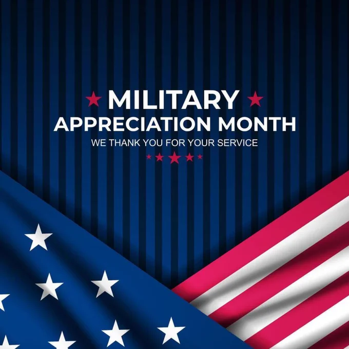 Dark blue striped background. Triangles at bottom, one blue with white stars, one white with red stripes. Text reads: Military Appreciation Month. We thank you for your service.