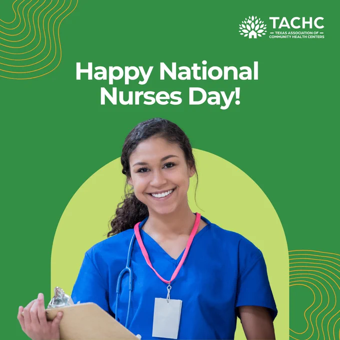 Smiling nurse in blue scrubs holding a clipboard with stethoscope around neck on green background celebrating National Nurses Day.