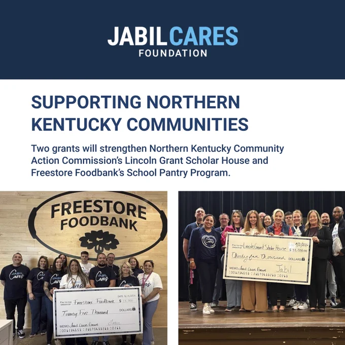 The image features two photos related to charitable donations. The first photo shows a group holding a large check for to the Freestore Foodbank. The second photo shows another group holding a large check to the Lincoln Grant Scholar House. Both donations are by the Jabil Cares Foundation.