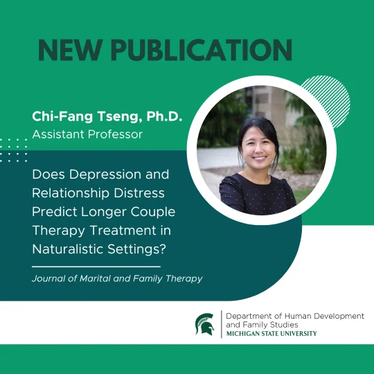 Promotional graphic with \"NEW PUBLICATION\" at the top. Features Chi-Fang Tseng, Ph.D., Assistant Professor. Text asks: \"Does Depression and Relationship Distress Predict Longer Couple Therapy Treatment in Naturalistic Settings?\"