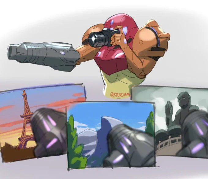 metroid tries to take a photo while on vacation but the result is that his arm cannon blocks the view. 