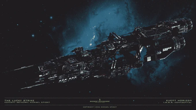 Image depicts Concept Artwork of The Lucky Strike. The mining vessel that the Lewis & Clark were heading to before the Event Horizon distress call. This content was cut from from the movie with only concepts and props created. The Lucky Strike has a radiation leak in its core which killed all of its crew.

Image © 2025 Michael Knight.
@michaelmknight | linktr.ee/michaelmknight.
All Rights Reserved. 