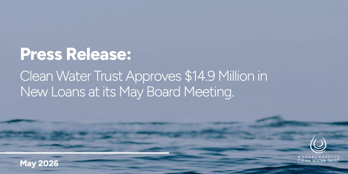 White text reads “Press Release: Clean Water Trust Approves $14.9 Million in New Loans at its May board meeting.” over the ocean. over a dark underwater background. A white water drop logo for the Trust is in the bottom-right corner.