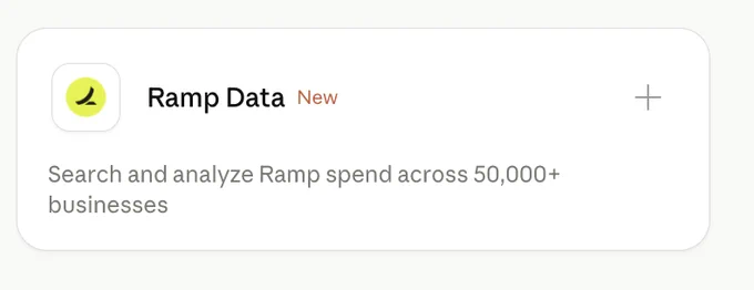 “Ramp Data card with logo, ‘New’ badge, and description: ‘Search and analyze Ramp spend across 50,000  businesses.’”