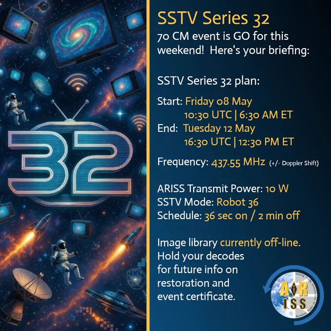 Graphic announcing SSTV Series 32, a 70 cm Slow Scan TV event from the International Space Station. Left side shows a colorful space scene with floating retro-style televisions displaying galaxies, astronauts in spacesuits, satellites, launching rockets with orange trails, and a large glowing blue number 32 in the center. Right side contains white and yellow text on dark blue background:SSTV Series 32
70 CM event in the concept stage for Ops and ISS Planners  ARISS Ops teams are tentatively scheduling a May SSTV event. Here's what we can share at the moment:  Targeting May 8 - 12  
Event will be on 70 CM at 437.550 MHz  /- Doppler Shift  
Images will focus beyond the ISS for this event.

ARISS logo (Amateur Radio on the International Space Station) is in the bottom right corner.

