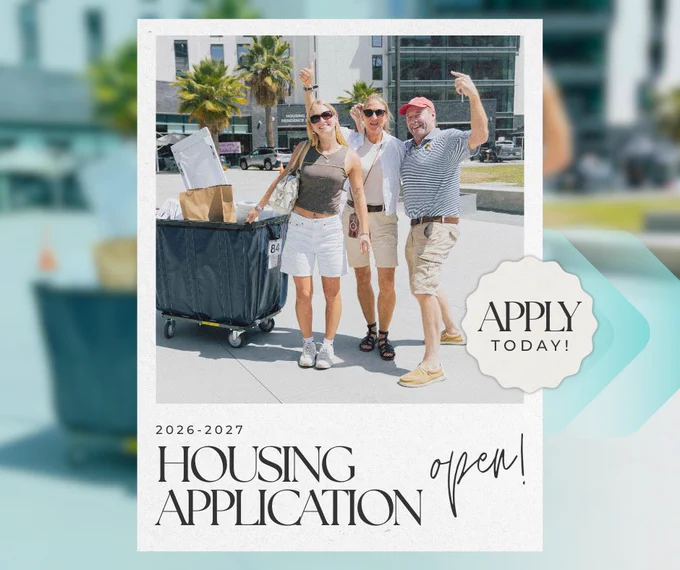 Family celebrating Move-In Day at South Village. Apply today! 2026-2027 Housing Application open! 