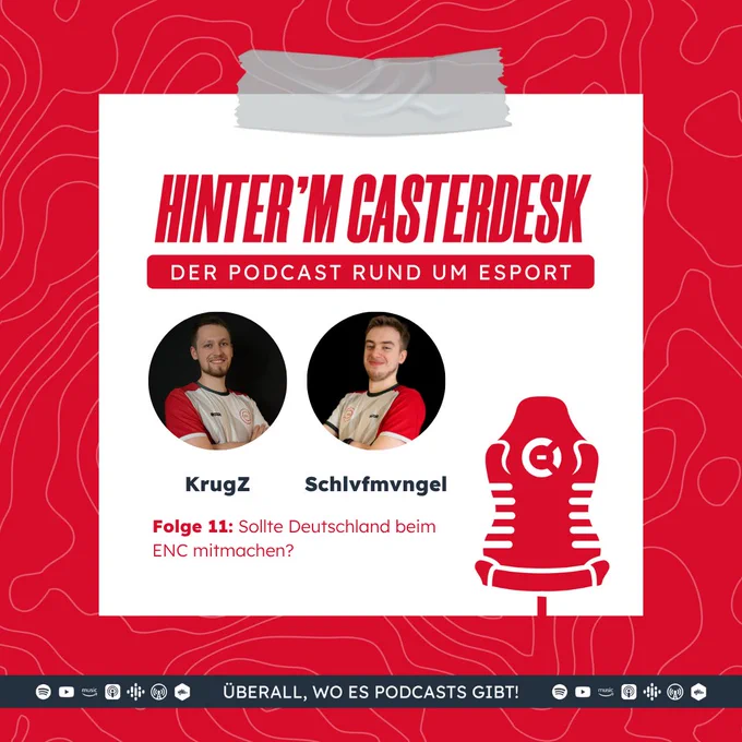 Podcast-Grafik von eSports Cologne mit dem Titel „Hinter’m Casterdesk – Der Podcast rund um Esport“. Abgebildet sind die Hosts KrugZ und Schlvfmvngel in Teamtrikots. Thema der Folge 11: „Sollte Deutschland beim ENC mitmachen?“. Unten steht der Hinweis „Überall, wo es Podcasts gibt!“ mit Symbolen verschiedener Streaming-Plattformen.