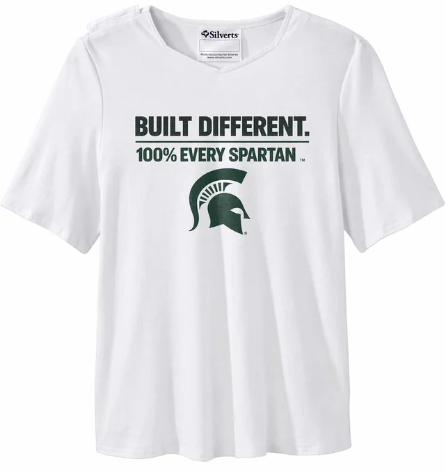 White T-Shirt that includes "Built Different" and "100% Every Spartan" with the Spartan head logo on the front on a white background.