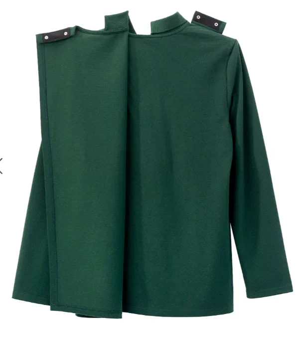 Dark green long-sleeved adaptive shirt with black snap-fastener shoulder tabs on a white background.