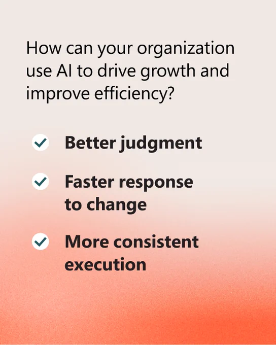 Graphic with text asking, “How can your organization use AI to drive growth and improve efficiency?” followed by benefits: better judgment, faster response to change, and more consistent execution.