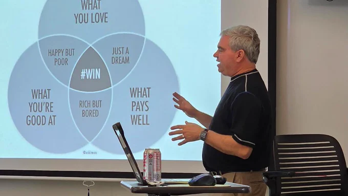 A man standing in front of a presentation slide with text like "What you love", "What you're good at", and "What pays well".