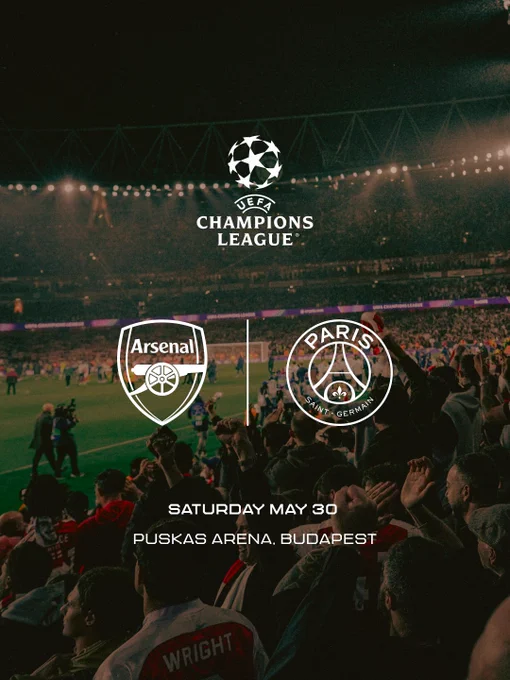 Champions League final graphic:
Arsenal versus Paris Saint-Germain 
Saturday May 30
Puskas Arsena, Budapest
