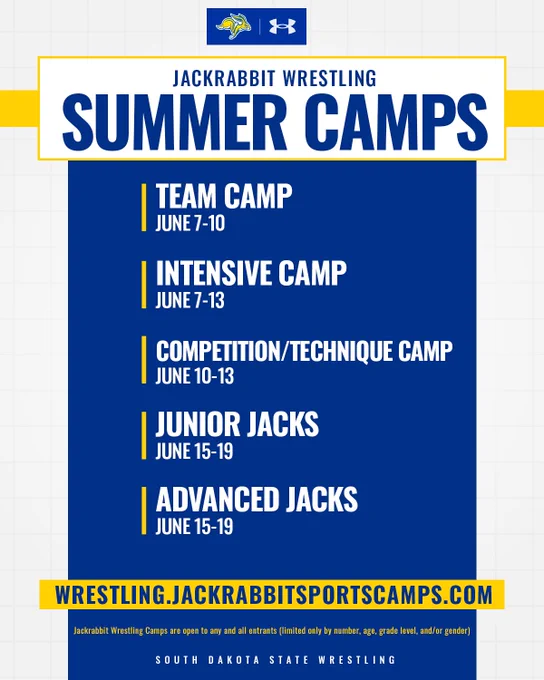 SDSU Wrestling Camp Graphic featuring SDSU branding and dates for individual camps. 