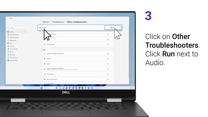 Step 3: Click on 'Other Troubleshooters'. Click 'Run' next to audio. 