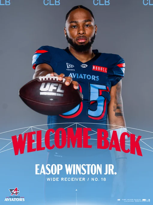Easop Winston Jr. poses with a UFL football, wearing a Columbus Aviators jersey. The image welcomes him back to the team, capturing a confident and spirited mood.