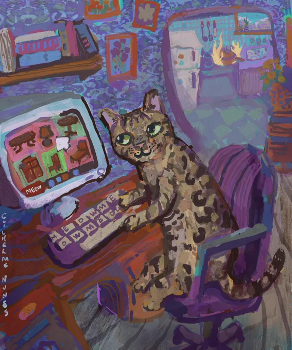 painting of a bengal cat using the computer looking at vintage furniture and in the background there is a pan on the fire getting out of control