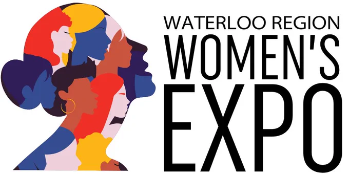 Silhouette composed of colorful, diverse abstract portraits beside the text "Waterloo Region Women's Expo."