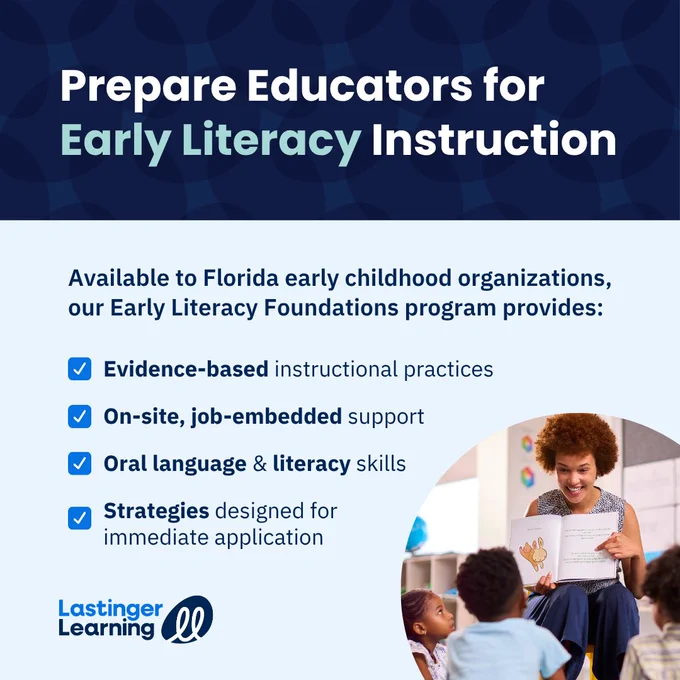 Graphic: Prepare Educators for Early Literacy Instruction. Available to Florida early childhood organizations, our Early Literacy Foundations program provides: Evidence-based instructional practices; On-site, job-embedded support; Oral language & literacy skills; and Strategies designed for immediate application.