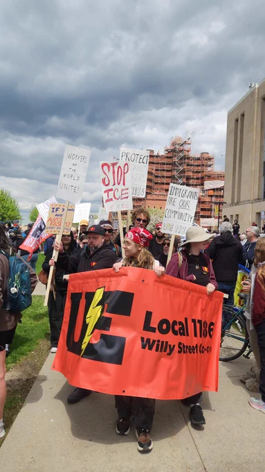 Members of UE Local 1186 march through downtown Madison, Wisconsin