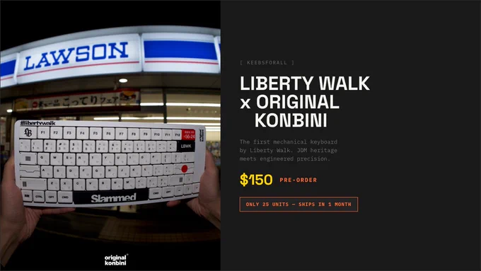 Liberty Walk x Original Konbini OK-1 mechanical keyboard in white, held in front of a Lawson convenience store in Japan. Limited edition pre-order — $150, only 25 units. Aircraft-grade aluminum, Kailh tactile switches, per-key RGB. Available at KeebsForAll.