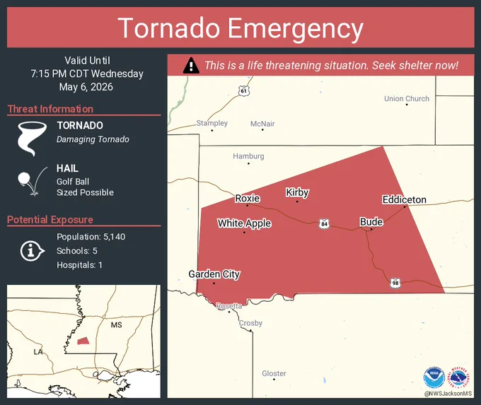 This graphic displays a tornado emergency plotted on a map. The warning is in effect until 7:15 PM CDT. The warning includes Bude MS, Roxie MS and Meadville MS.  This warning is for East Central Adams County Is Cancelled. The threats associated with this warning are a observed tornado and golf ball sized hail. There are 5,140 people in the warning along with 5 schools and 1 hospital.