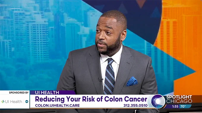 Cancer Center member Gerald Gantt, MD, FACS, FASCRS, discussing the risks of colon cancer, the importance of early detection, and colonoscopy prep on WGN-TV's Spotlight Chicago.