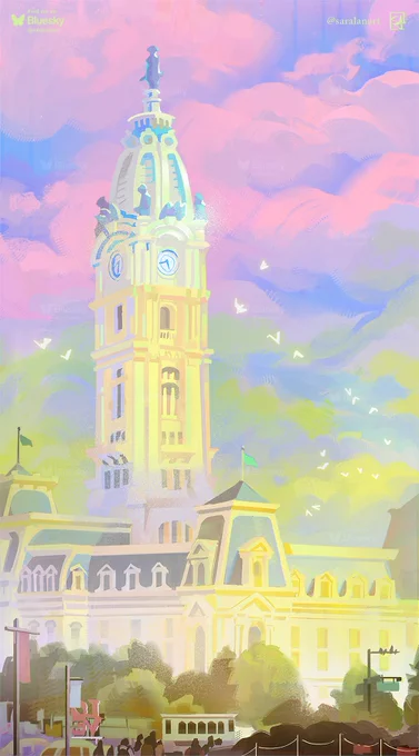 A vibrant and iridescent painting of Philadelphia City Hall in bright light, trees in the foreground, birds and many clouds in the sky. The central tower stands proud over everything.