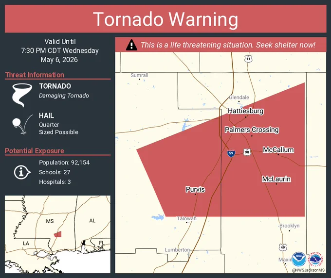 This graphic displays a tornado warning plotted on a map. The warning is in effect until 7:30 PM CDT. The warning includes Hattiesburg MS, Petal MS and Purvis MS.  This warning is for Northeastern Rest and East Central Lamar Counties. The threats associated with this warning are a observed tornado and quarter sized hail. There are 92,154 people in the warning along with 27 schools and 3 hospitals.