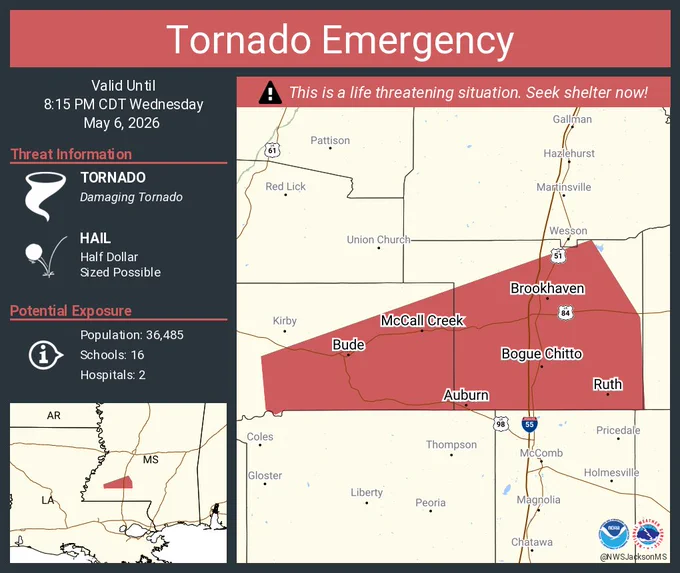 This graphic displays a tornado emergency plotted on a map. The warning is in effect until 8:15 PM CDT. The warning includes Brookhaven MS, Bude MS and Bogue Chitto MS.  This warning is for Lincoln County in south central Mississippi and Eastern Franklin County in southwestern Mississippi. The threats associated with this warning are a observed tornado and half dollar sized hail. There are 36,485 people in the warning along with 16 schools and 2 hospitals.