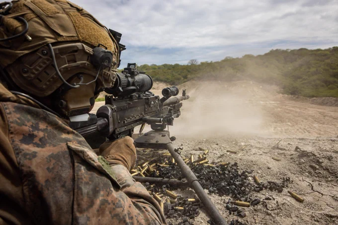 A U.S. Marine with Light Armored Reconnaissance Company, Battalion Landing Team 3/6, 22nd Marine Expeditionary Unit (Special Operations Capable), engages a target during a machine gun range as part of a bilateral exercise on Naval Base Jaramij\u00F3, Ecuador, April 27, 2026. The 22nd MEU (SOC)\u2019s Ecuador bilateral training enhances interoperability with partner forces, reinforces longstanding security relationships, and improves combined readiness to respond to crises across the region. U.S. military forces are deployed to the region in support of U.S. Southern Command mission objectives and the president\u2019s priorities to strengthen regional security, disrupt illicit drug trafficking, and protect the U.S. homeland. (U.S. Marine Corps photo)\n\n