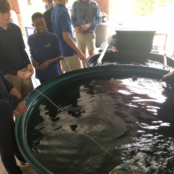 students with pond 