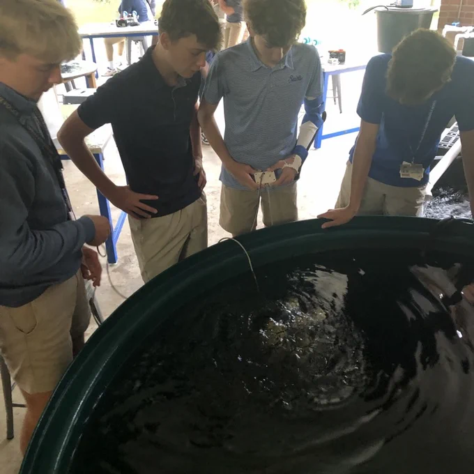 students with pond 
