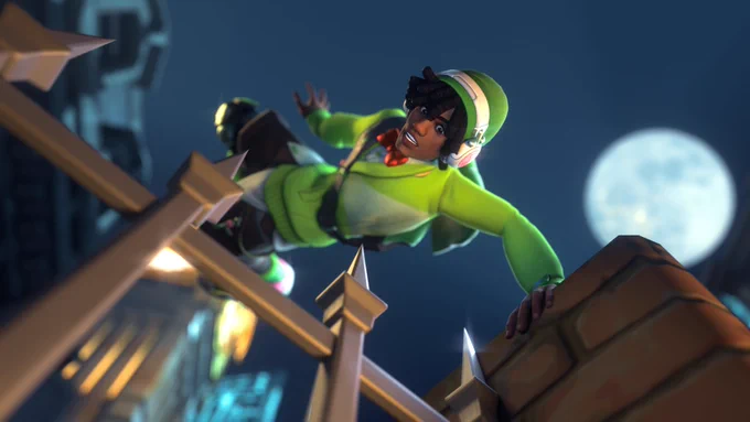 Lucio in King's Row falling into a spiked fence.