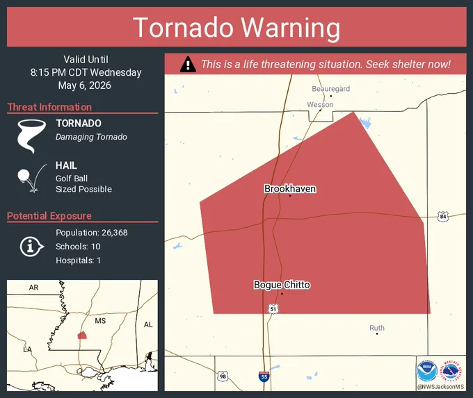 This graphic displays a tornado warning plotted on a map. The warning is in effect until 8:15 PM CDT. The warning includes Brookhaven MS and Bogue Chitto MS.  This warning is for Eastern Lincoln County. The threats associated with this warning are a observed tornado and golf ball sized hail. There are 26,368 people in the warning along with 10 schools and 1 hospital.