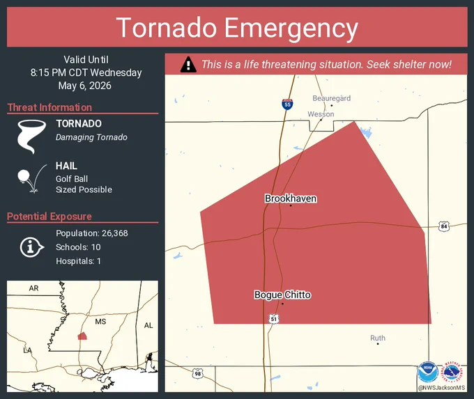 This graphic displays a tornado emergency plotted on a map. The warning is in effect until 8:15 PM CDT. The warning includes Brookhaven MS and Bogue Chitto MS.  This warning is for Eastern Lincoln County. The threats associated with this warning are a observed tornado and golf ball sized hail. There are 26,368 people in the warning along with 10 schools and 1 hospital.
