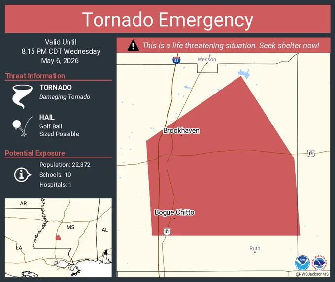 This graphic displays a tornado emergency plotted on a map. The warning is in effect until 8:15 PM CDT. The warning includes Brookhaven MS and Bogue Chitto MS.  This warning is for Eastern Lincoln County. The threats associated with this warning are a observed tornado and golf ball sized hail. There are 22,372 people in the warning along with 10 schools and 1 hospital.