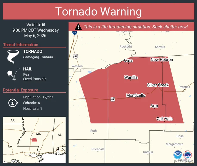 This graphic displays a tornado warning plotted on a map. The warning is in effect until 9:00 PM CDT. The warning includes Monticello MS, New Hebron MS and Silver Creek MS.  This warning is for Northeastern Lincoln County in south central Mississippi, Lawrence County in south central Mississippi and Western Jefferson Davis County in south central Mississippi. The threats associated with this warning are a observed tornado and pea sized hail. There are 12,257 people in the warning along with 6 schools and 1 hospital.
