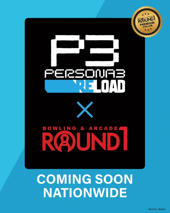 Image for Round1 Bowling & Arcade teasing an upcoming collaboration with Persona 3 Reload. The image features both logos in the middle with 'coming soon nationwide' at the bottom against a light and dark blue background.