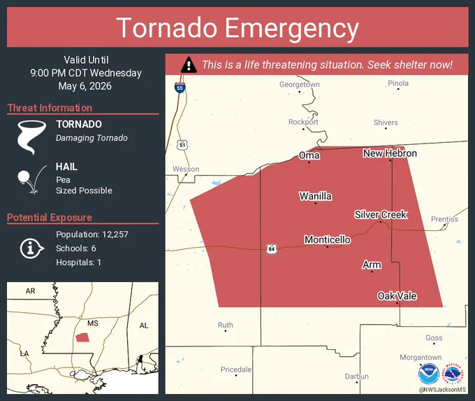 This graphic displays a tornado emergency plotted on a map. The warning is in effect until 9:00 PM CDT. The warning includes Monticello MS, New Hebron MS and Silver Creek MS.  This warning is for Northeastern Lincoln, Lawrence and Western Jefferson Davis Counties. The threats associated with this warning are a observed tornado and pea sized hail. There are 12,257 people in the warning along with 6 schools and 1 hospital.