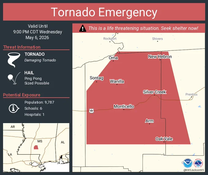 This graphic displays a tornado emergency plotted on a map. The warning is in effect until 9:00 PM CDT. The warning includes Monticello MS, New Hebron MS and Silver Creek MS.  This warning is for Northeastern Lincoln County Is Cancelled. The threats associated with this warning are a observed tornado and ping pong sized hail. There are 9,787 people in the warning along with 6 schools and 1 hospital.