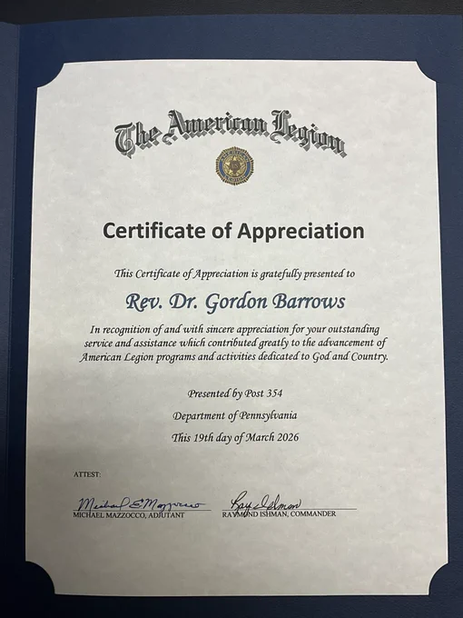 🙏🇺🇸 The Honorable Rev. Dr. Gordon V. Barrows, Mayor of New Bethlehem PA was recently recognized by American Legion Walter W. Craig Post 354 for his support of local veterans & dedication to God & Country. 🎖️❤️🪖

#AmericanLegion #Veterans #NewBethlehem #RedbankValley