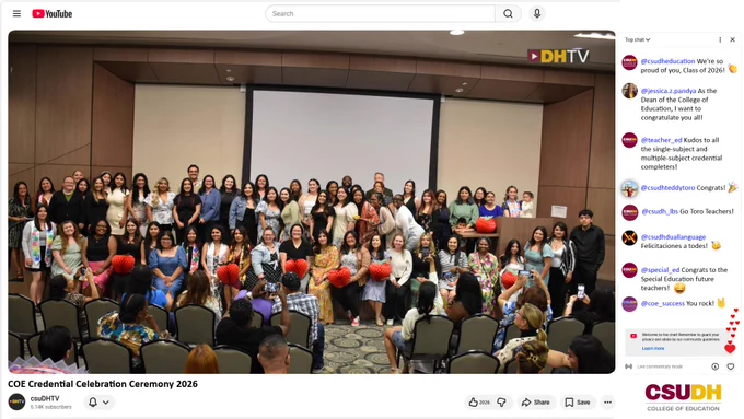 Graphic of Class of 2025 credential completers being livestreamed on YouTube through the csuDHTV channels. Congratulatory comments made on the live chat window to the right.