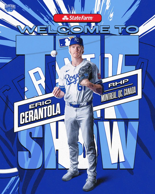 A graphic with a portrait photo of Eric Cerantola. Text on the graphic reads, "Welcome to the Show, Eric Cerantola, RHP, Montreal, QC, Canada."
