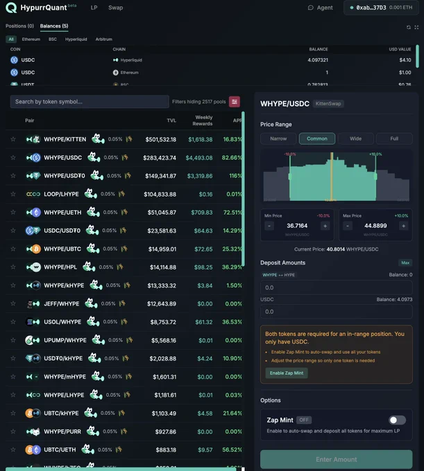 HypurrQuant LP interface showing cross-chain balances, 2,517 aggregated pools, and Zap Mint feature for single-token LP deposits.