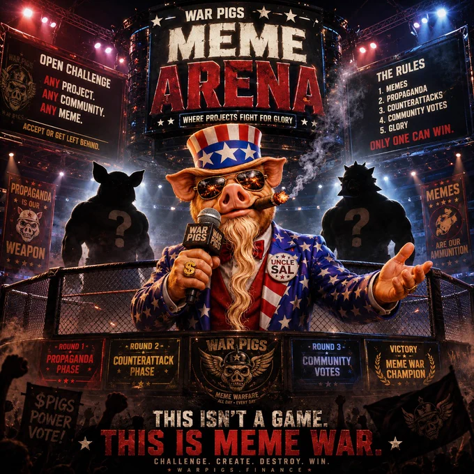 Cinematic War Pigs Meme Arena poster featuring Uncle Sal standing in the center of a massive octagon-style cage holding a microphone like a fight promoter. Two giant shadowed challengers stand behind him under dramatic lights and smoke while giant propaganda-style screens display phrases like ‘Meme Arena,’ ‘Community Votes,’ and ‘Propaganda Phase.’ The arena is packed with a cheering crowd, military-style banners, and glowing War Pigs branding, creating the feel of a high-stakes crypto meme battle event
