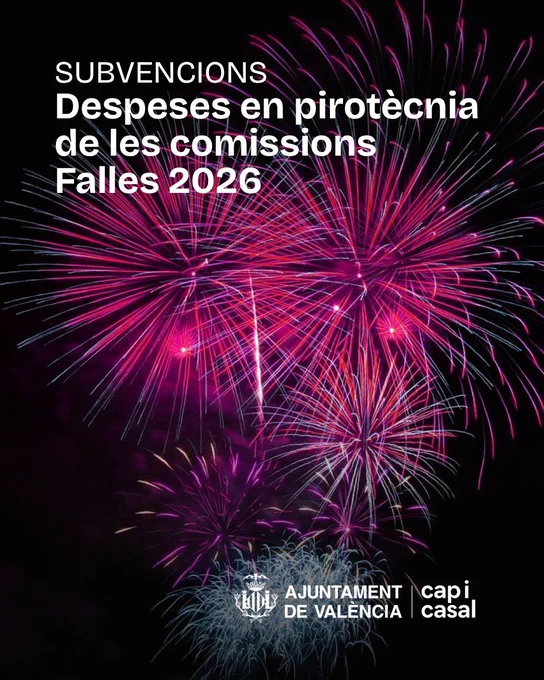Cartell de l'Ajuntament de València sobre ajudes a les comissions falleres. Sobre un fons negre, destaca una fotografia nocturna d'un castell de focs artificials amb grans palmeres de colors rosa, porpra i blanc.

En la part superior esquerra, s'inclou el següent text en lletres blanques i tipografia moderna:
"SUBVENCIONS. Despeses en pirotècnia de les comissions. Falles 2026".

En la part inferior, apareix els logotip oficial de l'Ajuntament de València, amb el lema "cap i casal".