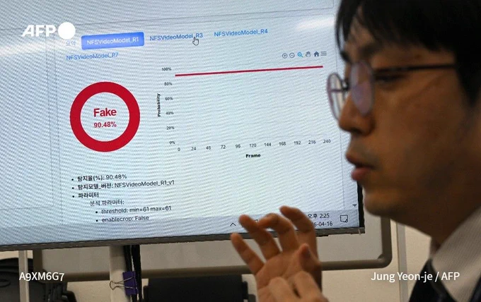 Computer screen with a "Fake" button behind the silhouette of a person wearing glasses